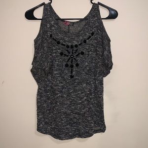 Black and gray short sleeve sweater with cut out shoulders